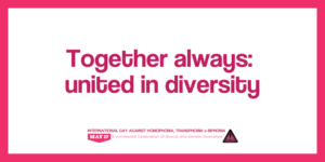 Text in dark pink reads: "Together always: united in diversity". The logo of the International Day against Homophobia, Transphobia and Biphobia sits at the bottom centre of the image